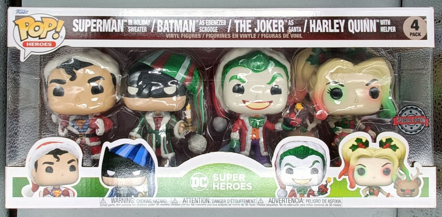 4 Pack Batman Superman Joker Harley Quinn DC Holiday Christmas Funko POP - Box Damaged