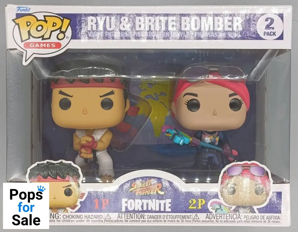 [2 Pack] Ryu & Brite Bomber - Fortnite v Street Fighter Box Damaged Funko POP