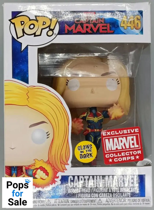 #446 Captain Marvel (Flying- Unmasked) Glow - Marvel Box Damaged Funko POP