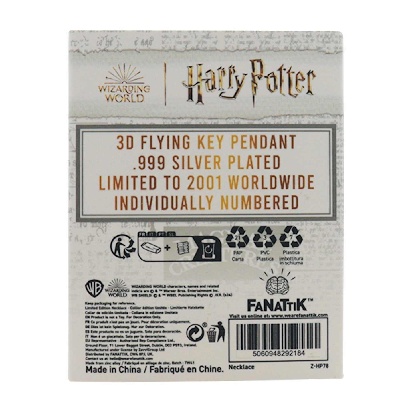 Harry Potter.999 Silver Plated Flying Key Necklace Necklace