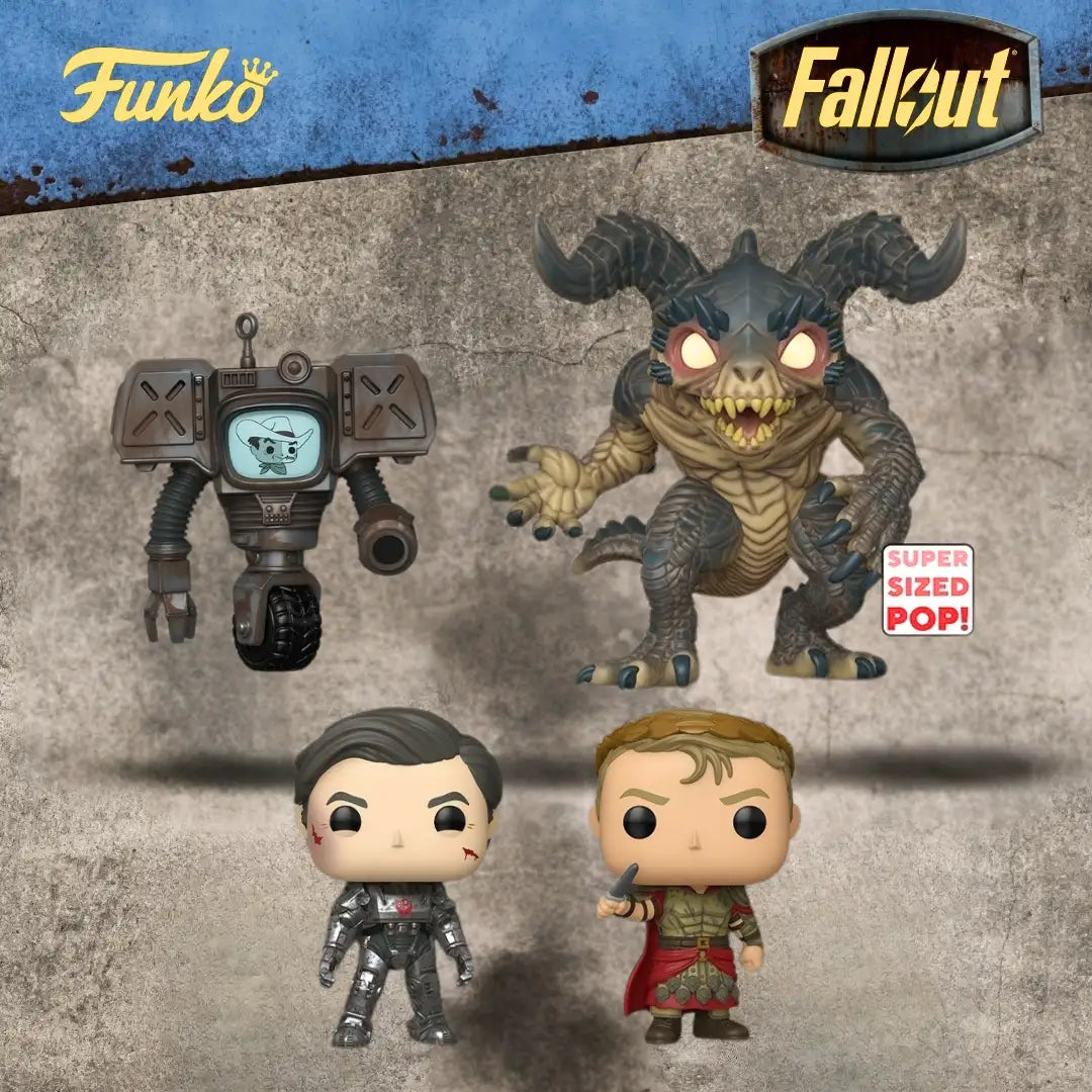 The image displays a collection of funko pop! Figures from the fallout series, including a robot with a screen face and two human characters in detailed costumes.