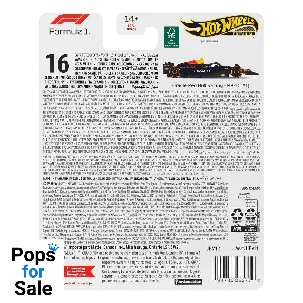 Formula 1 Hot Wheels Premium Diecast Vehicle 1/64 Oracle Red Bull Racing RB20 (#1) (Max Verstappen 2024)