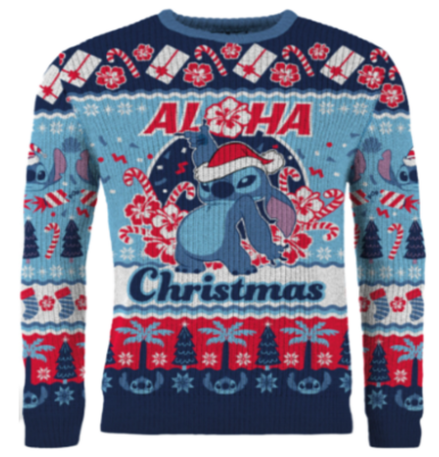 Christmas sweater with cartoon character and 'Aloha Christmas' text on a white background