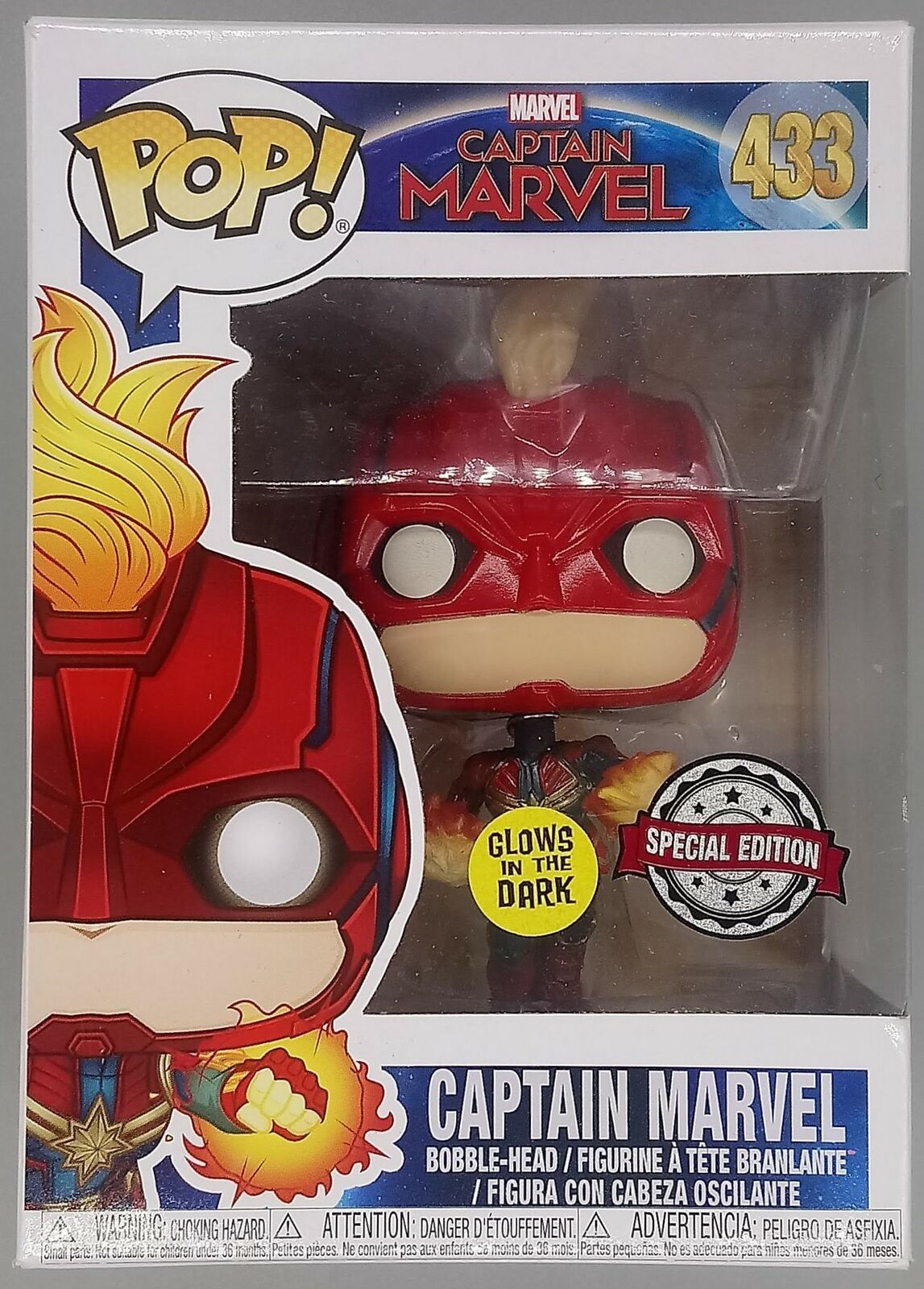 #433 Captain Marvel (Flying) Glow Pop - Box Damaged Funko POP