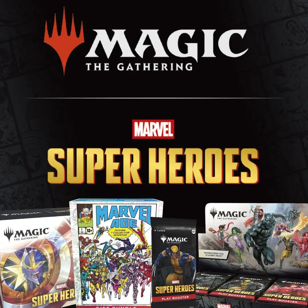 Marvel super heroes magic the gathering collector’s box set featuring vibrant comic-style artwork and multiple booster packs.