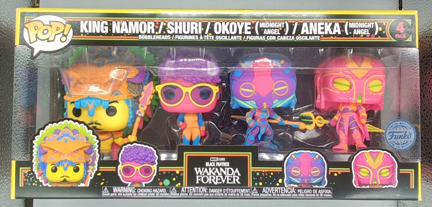 4 Pack King Namor/Shuri/Okoye (Midnight Angel)/Aneka (Midnight Angel) Blacklight - Marvel Black Panther Wakanda Forever Funko POP - Box Damaged