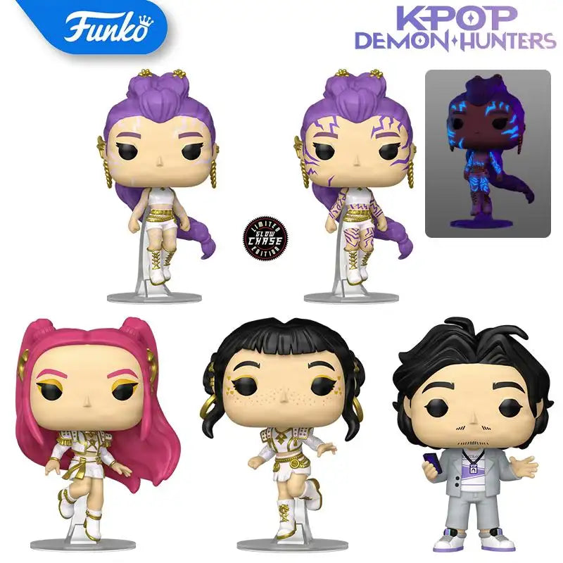 Purple and white kpop demon hunters funko pop figures with gold accents.