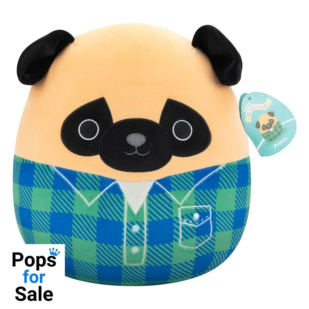 Squishmallows Plush Figure Brown Pug in Green and Blue Flannel Shirt Prince 30 cm