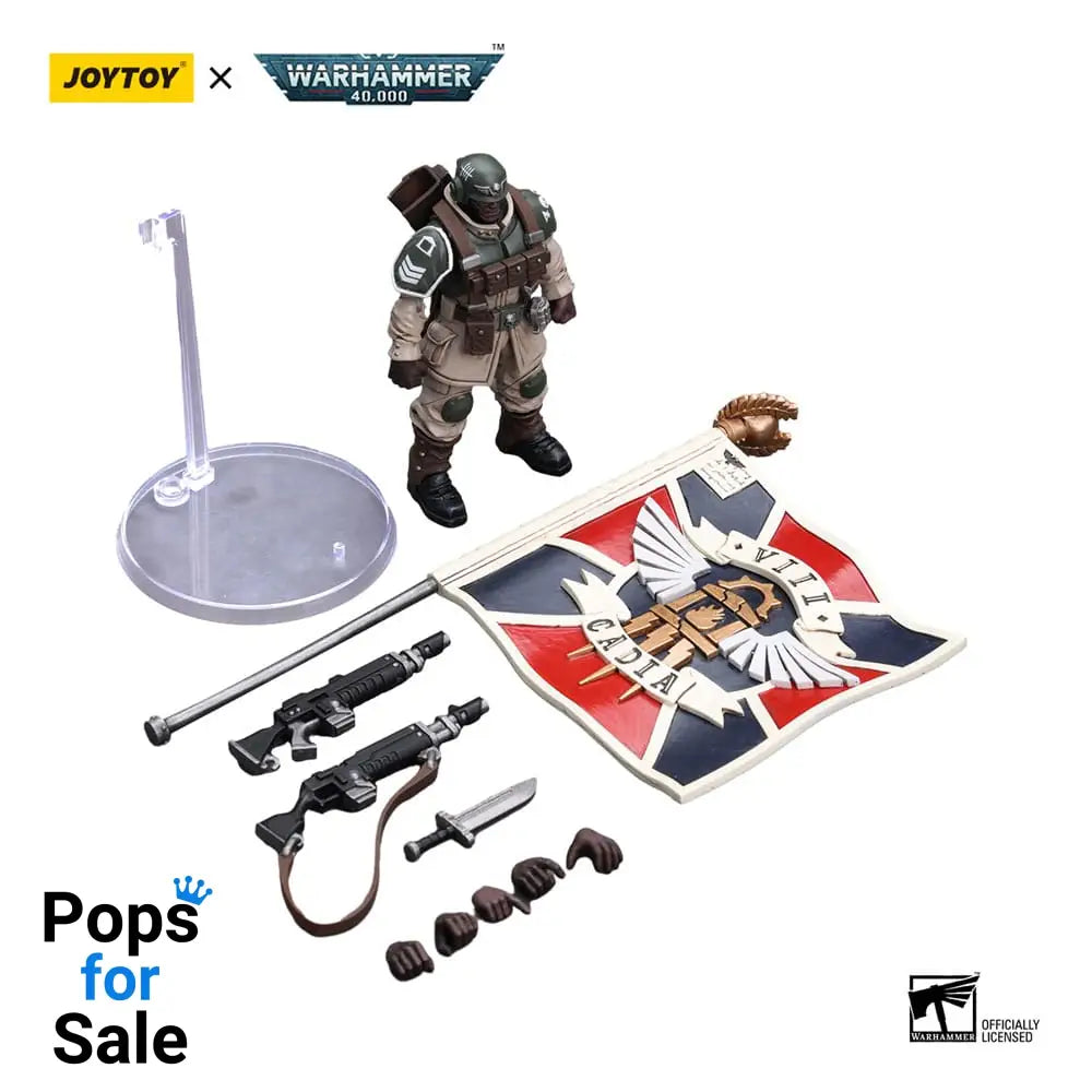 Warhammer 40k Action Figure 1/18 Astra Militarum Cadian Command Squad Veteran with Regimental Standard 12 cm Scale