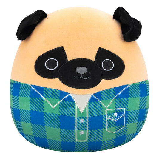 Squishmallows Plush Figure Brown Pug in Green and Blue Flannel Shirt Prince 30 cm
