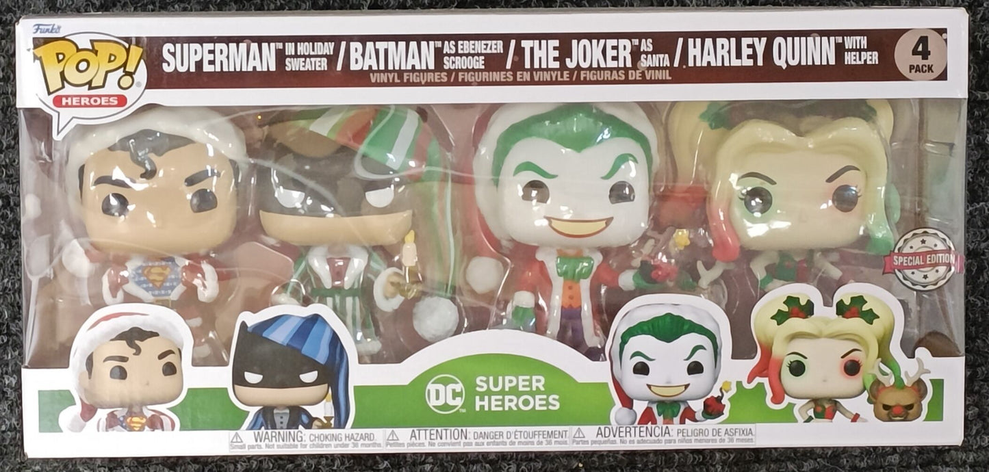 4 Pack DC Holiday Christmas Batman Superman Joker Harley Funko POP