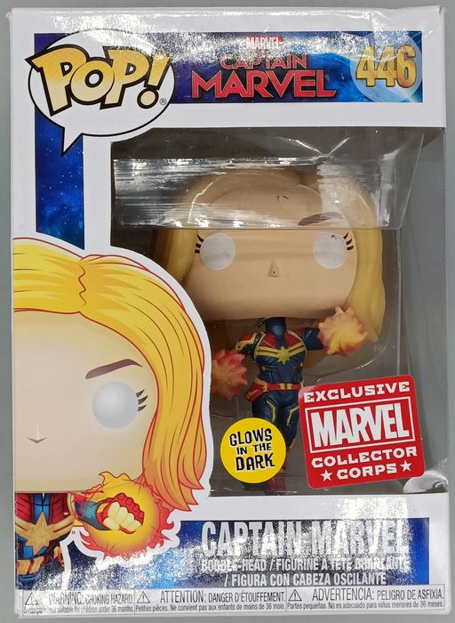 #446 Captain Marvel (Flying- Unmasked) Glow - Marvel Box Damaged Funko POP